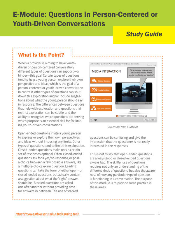 AMP E-Module Study Guide for 'Questions in Person-Centered and Youth-Driven Conversation'