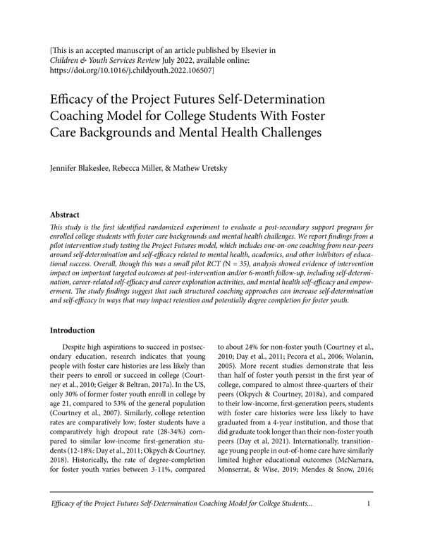 Efficacy of the Project Futures Model cover