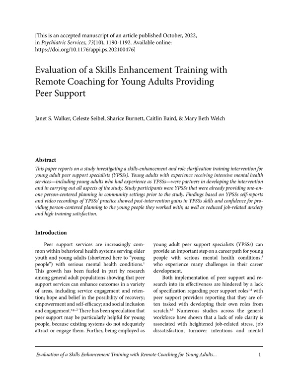 Evaluation of a Skills Enhancement Training for Young Adults cover