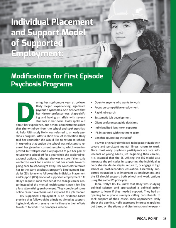 Individual Placement and Support Model of Supported Employment: Modifications for First Episode Psychosis Programs